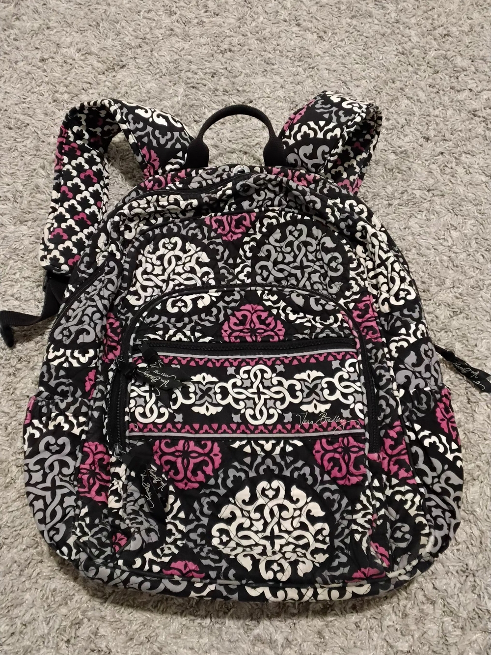 Retired 2013 Vera Bradley Canterbury Magenta Pink and Black Quilted Backpack